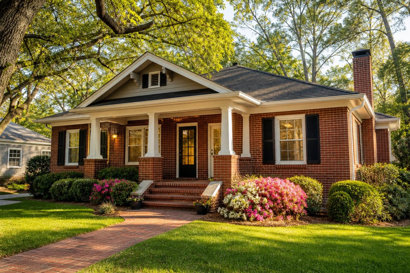 Brick craftsman home with a front porch and mature trees in a Columbia-style neighborhood.